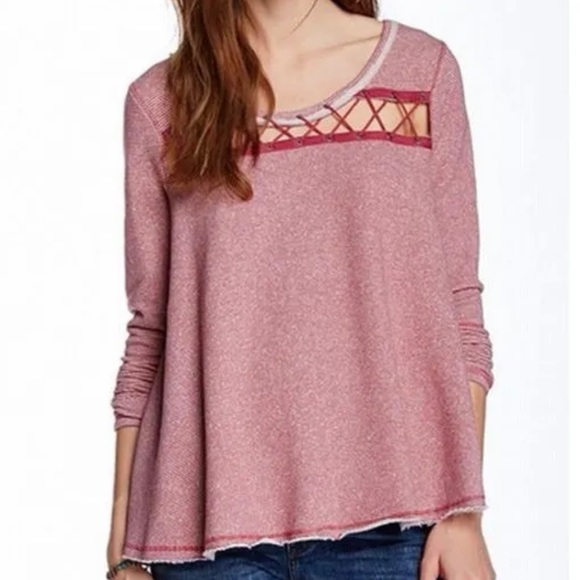 Free People Criss Cross Magenta Pink Striped Pullover Long Sleeve Sweatshirt Top - Picture 1 of 9